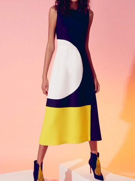 

Geometric Sleeveless Elegant Midi Dress, Purplish blue, Midi Dresses