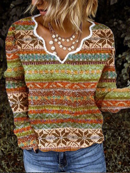 

Striped V Neck Vintage Sweater, Orange, Sweaters