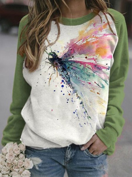 

Dragonfly Watercolor Pattern Contrast Raglan Sweatshirt, Green, Hoodies&Sweatshirts