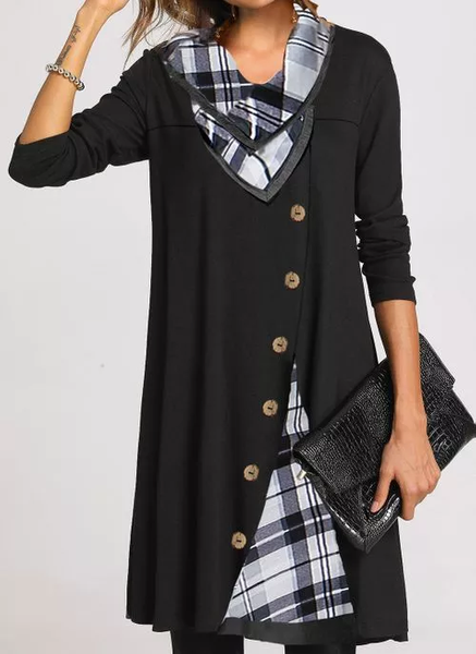 

New Women Fashion Plus Size Casual Long Sleeve Plaid Tunic Draped Neckline A-line Dress, Black, Casual Dresses