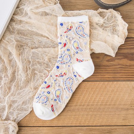 

Retro ethnic flower socks female mid-tube peacock feather socks, White, Socks