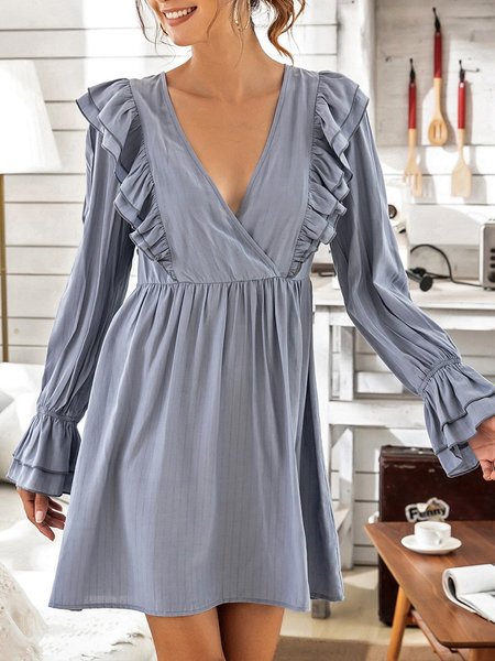 

Long Sleeve V Neck Dress, Blue, Mini Dresses