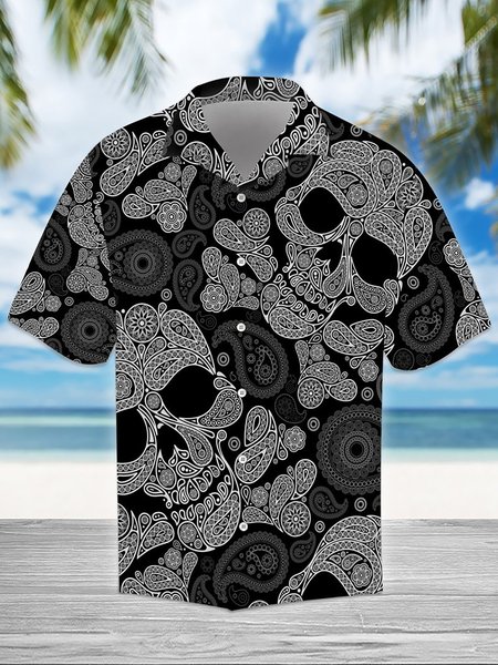 

Skull Shirt Collar Cotton-Blend Shirts, Black, Men's Floral shirt