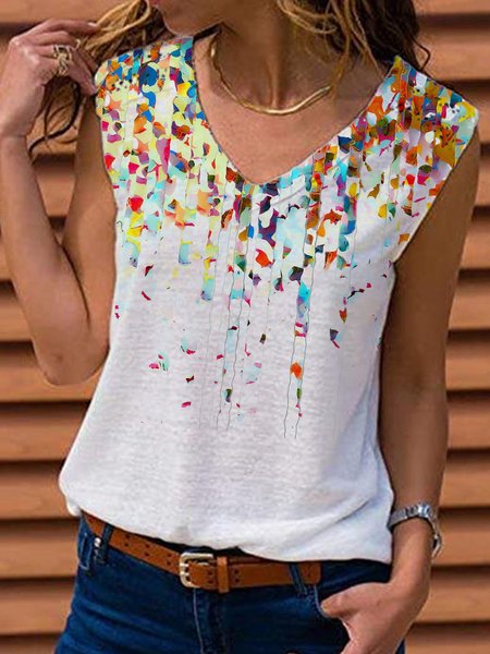 

Women Cotton Casual Abstract Printed V Neck Shift Tank Top, White, Tank Top