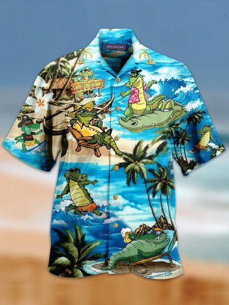 

Printed Cotton-Blend Coconut Tree Shirts, Blue, Men's Floral shirt