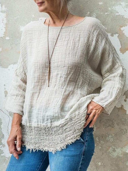 

3/4 Sleeve Shift Boho Crew Neck Tops, White, T-Shirts