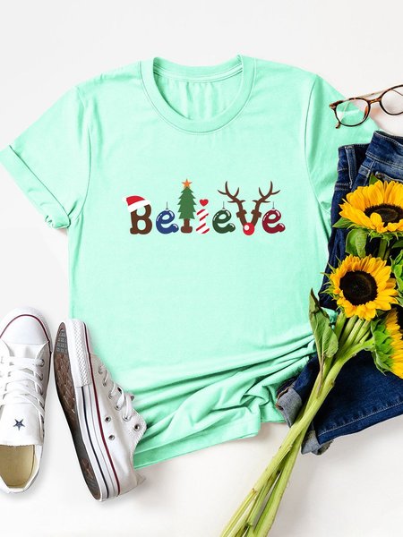 

Believe Christmas Shape Letter Graphic Tee, Mint, T-shirts