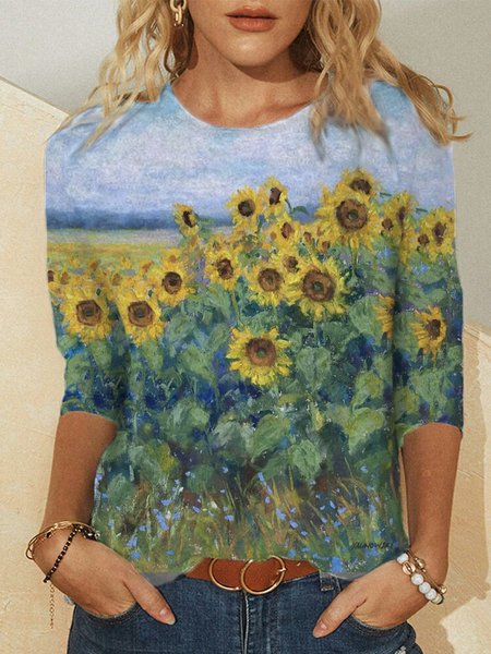 

Casual Long Sleeve Sunflower-Print Shirts & Tops, Printed T-shirts