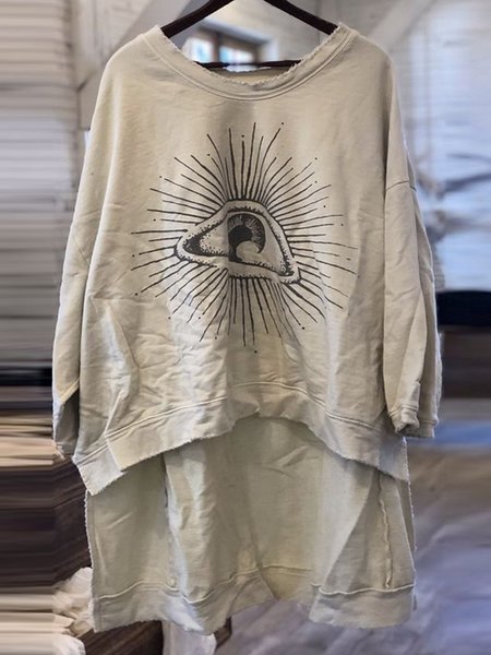 

Crew Neck 3/4 Sleeve Printed Casual Tops, Light gray, Tops