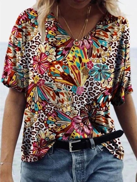 

Flower Butterfly Leopard Painting Print T-shirt, Multicolor, T-Shirts