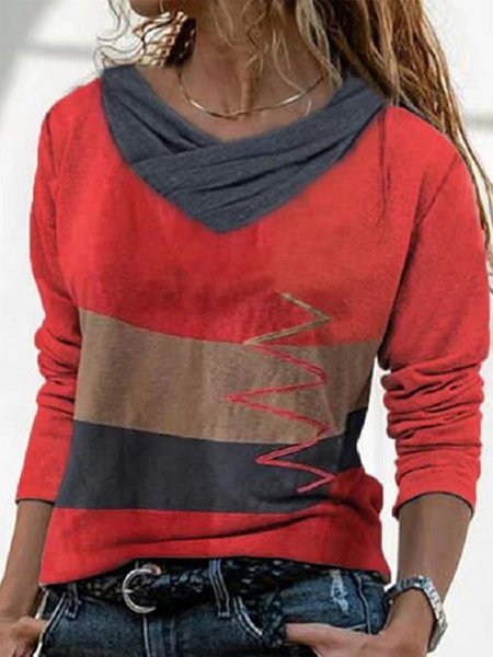 Top Casuale Colore-block Misto Cotone, Rosso, Sweater