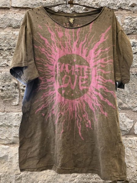 

Short Sleeve Printed Vintage T-shirt, Khaki, Tops