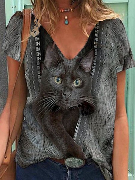 

Women Cotton Cat Pattern Printed V Neck Shift T-Shirts, Black, T-Shirts