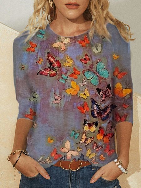

Butterfly Printed Casual Long Sleeve Crew Neck Shirts & Tops, Purple, Winter Clearance
