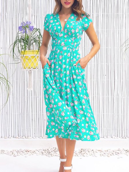 

Short Sleeve V Neck Boho Weaving Dress, As picture, Floral Dresses
