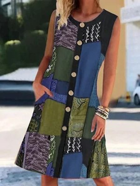 

Cotton-Blend Sleeveless Crew Neck Holiday Weaving Dress, Green, Boho dresses