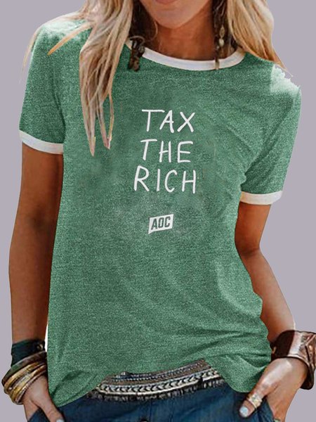 Aoc Lettera Stampa "tax Il Ricco "colorblock Casuale T-shirt, Verde, T-Shirts