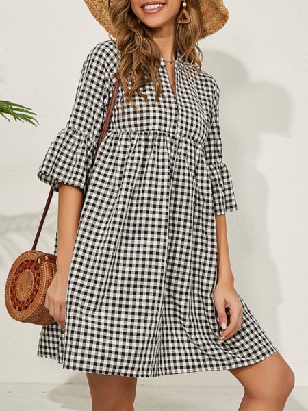 

Plaid V Neck Casual Shift Dress, Black, Mini Dresses