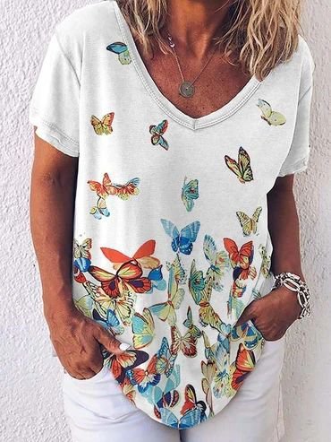 

Top Casuale Stampato Floreale Scollo a V Farfalla, Bianco, T-Shirts