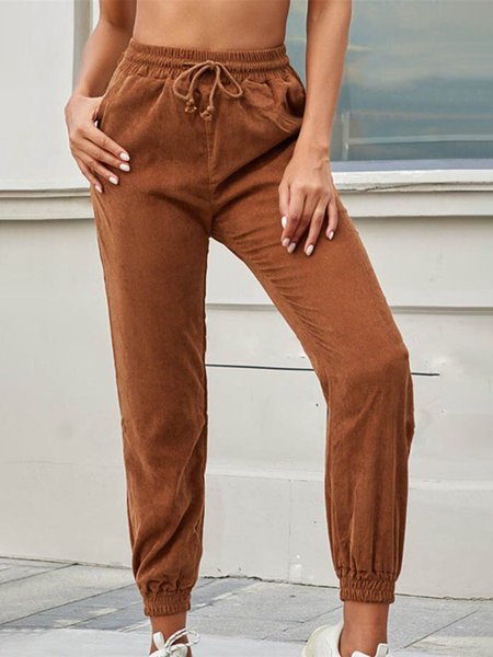 

Casual Solid Drawstring Elastic Waist Foot-binding Pockets Pants, Brown, Pants