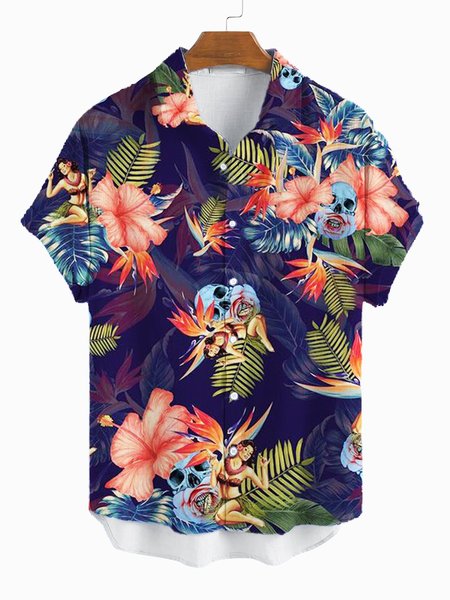 

Men's Vintage Printed Shirt Collar Shirts, Blue, Men's Floral shirt