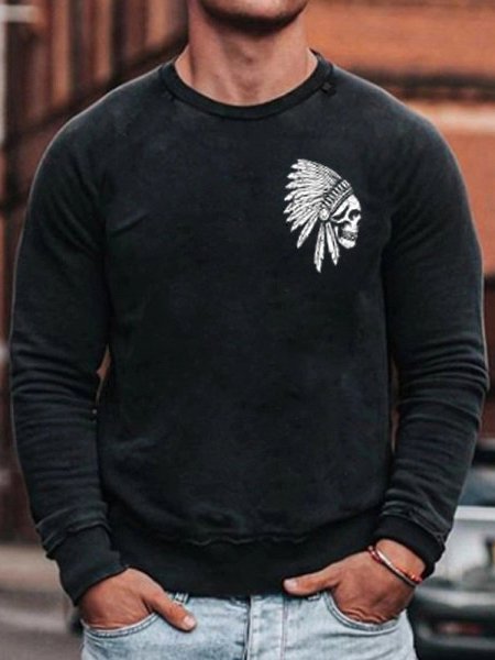 

Crew Neck Vintage Men's Fashion Skull Chief Print Sweatshirt, Black, Sweater