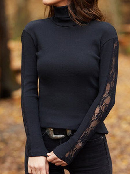 

Turtleneck Polyester Cotton Long Sleeve Solid Shirts & Tops, Black, Tops