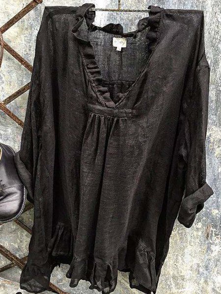 

V Neck Linen Long Sleeve Casual Tops, Black, Tops