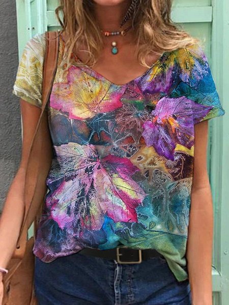 

Floral-Print Short Sleeve V Neck T-shirt, Multicolor, Printed T-shirts