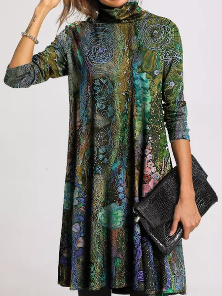 

Abstract Turtleneck Dresses, Green, Midi Dresses