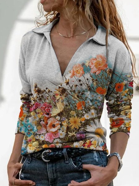 Casuale Maniche Lunghe Floreale Top, Grigio, Blouses & Shirts