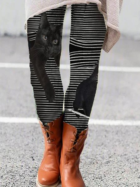 

Casual Cat Printed Pants, Black, leggings