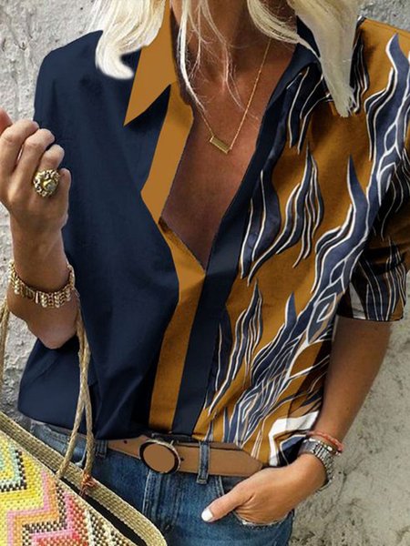 

Printed Casual Cotton-Blend Blouse, Blue, Tops