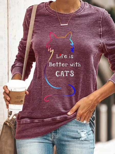 

Life Is Better With Cats Graphic Sweatshirt, Purple, Hoodies&Sweatshirts
