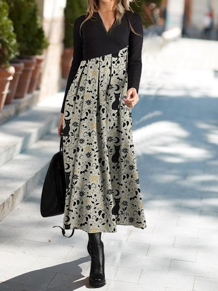 

Skull print cat cat animal stitching Casual A-Line Animal Long Sleeve Dresses, Black, Maxi Dresses