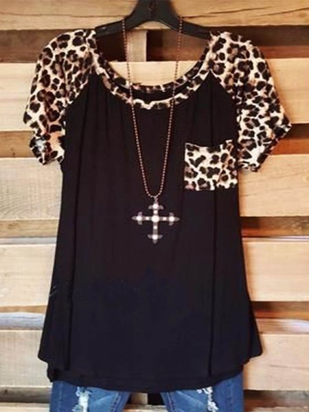 

Leopard Short Sleeve Floral-Print T-shirt, Black, Tops
