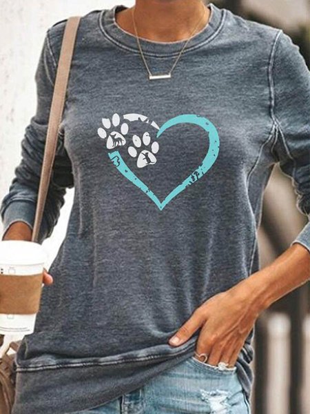 

Casual Heart Paw Print Paneled Crew Neck Long Sleeves Sweatshirt, Gray, Hoodies&Sweatshirts