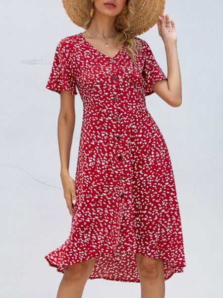 

Abito Stampata Floreale Maniche Corte Scollo a V, Rosso, Dresses