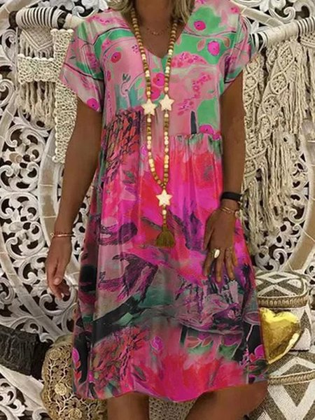 

Abito Maniche Corte A-line Stampato Scollo a V, Rosa rosso, Dresses