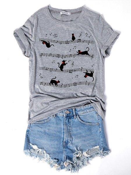 

Music Cat Graphic Short Sleeve T-shirt, Gray, T-shirts