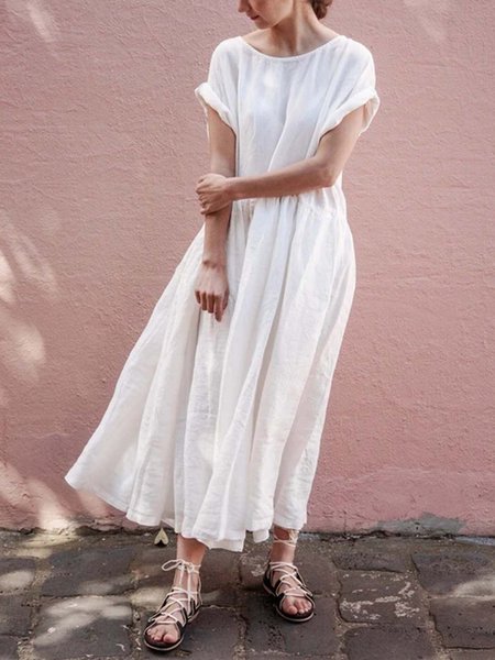 

Abito Maniche Corte Girocollo Dritto Lino, Bianco, Maxi Dresses
