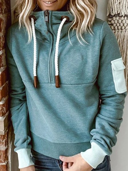 

Casual Pockets Cotton-Blend Sweatshirt, Blue, Tops