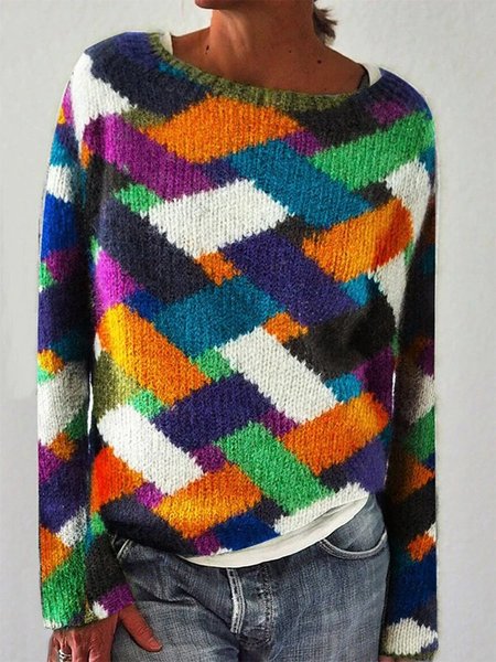 

Maglione Multicolore Vintage Casuale A Scacchi A Maglia, Knitwear