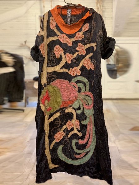 

Ethnic Crew Neck Long Sleeve Dresses, Black, Print Dress