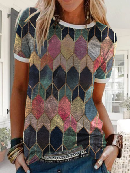 

Plus size Geometric Printed Short Sleeve Shirts & Tops, Pink, Tops