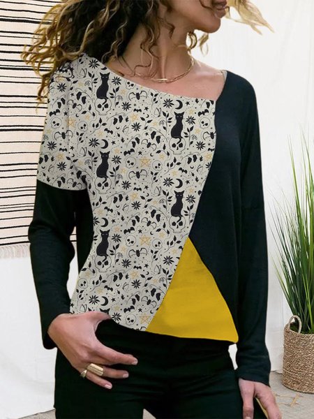 

V Neck Long Sleeve Floral Casual Tops, Black, Tops