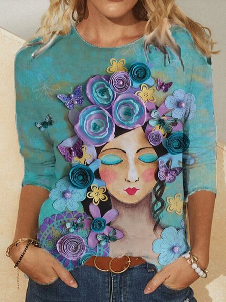 

Maglietta Arte Cartoon Stampato Maniche Lunghe Casuale, Blu, Tops