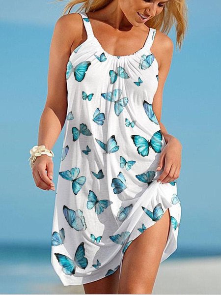 

Abito Casuale Girocollo Farfalla Senza Maniche, Bianco, Summer dresses