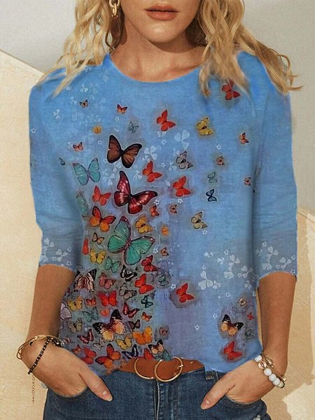 

Crew Neck Shift Long Sleeve Butterfly Print Shirts & Tops, As picture, Winter Clearance
