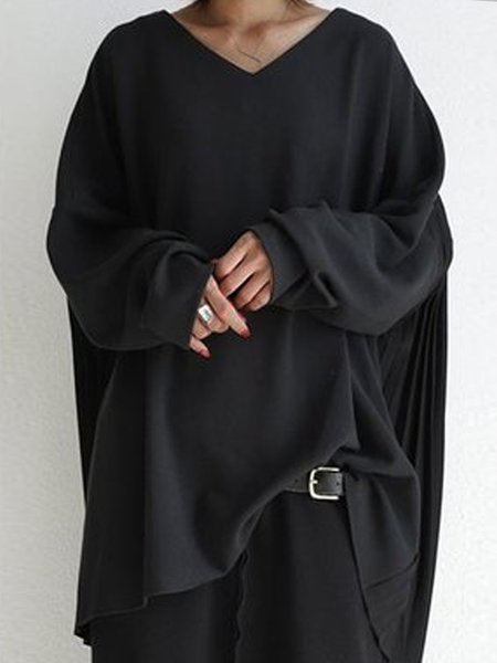 

Camicie & Top Maniche Lunghe Solido Dritto Poliestere Cotone, Nero, T-Shirts